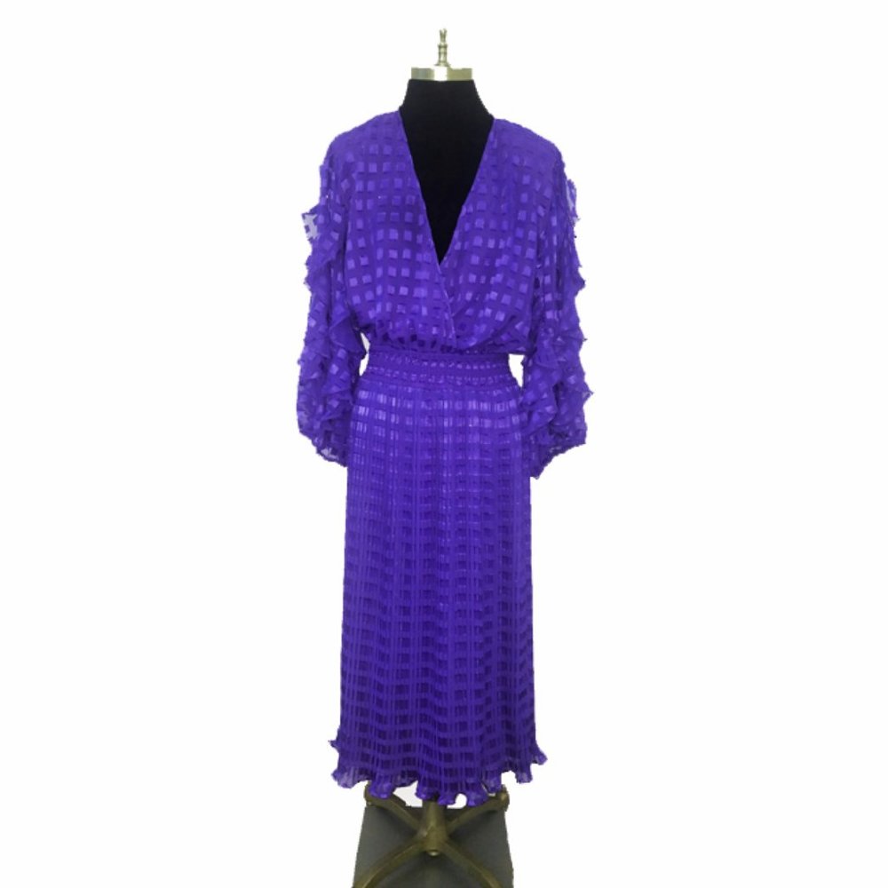 Vtg 80s Crepe Satin Print Ruffle Pleated Dress M